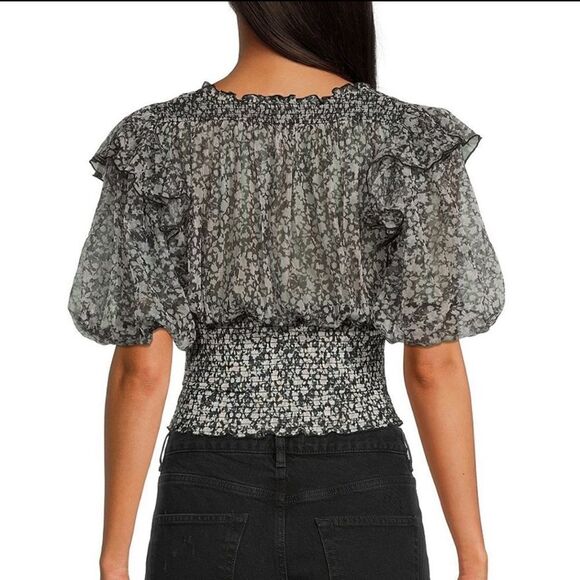 Free People Beatrice Floral Print Cross Tie Neck Ruffle Puff Sleeves Smocked Hem - Picture 3 of 9